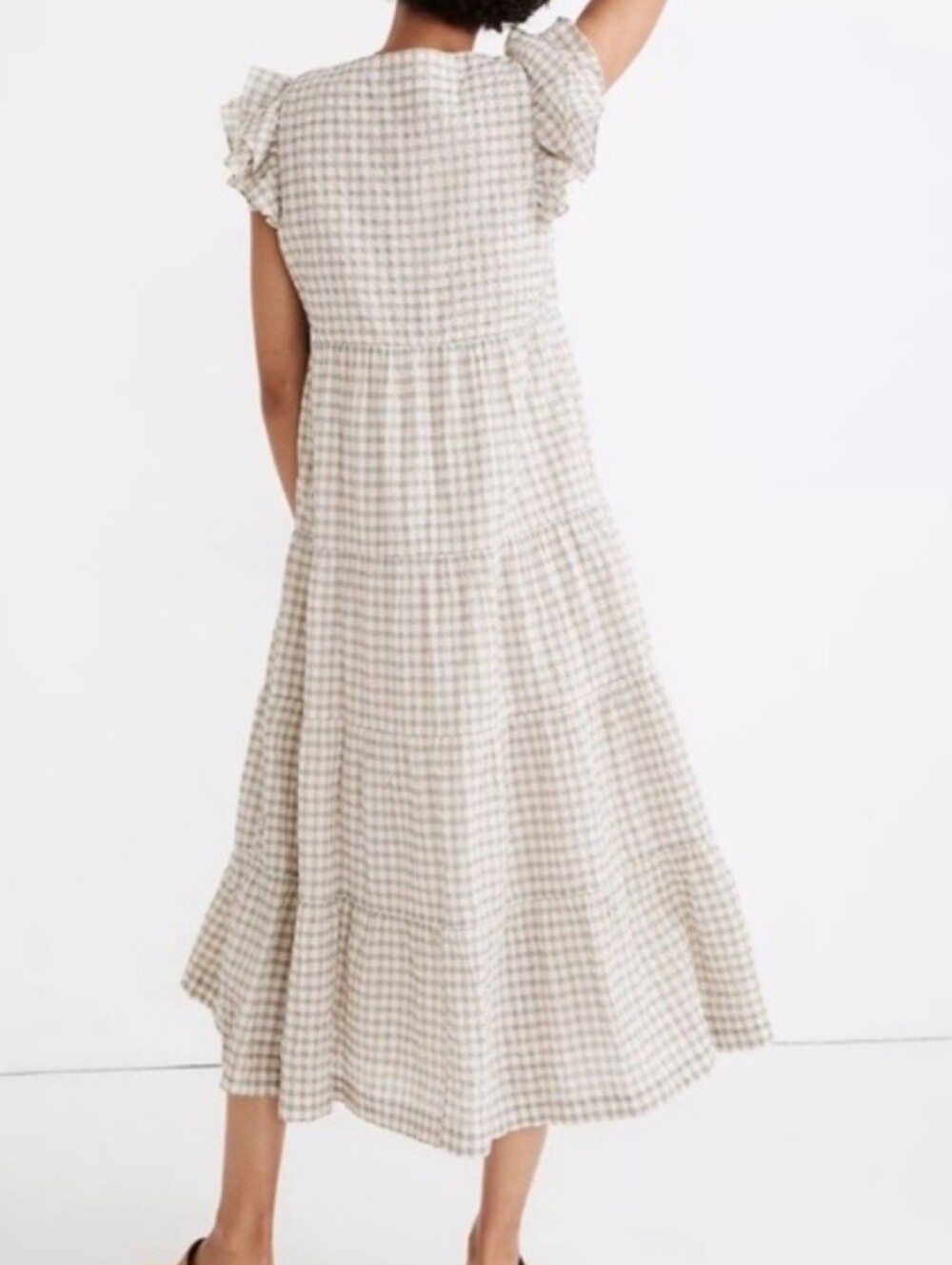 Madewell Gingham Seersucker Tiered Midi Dress Ruffle Sleeve Medium - Picture 7 of 15